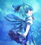  bloomers blue blue_background blue_dress blue_eyes blue_hair bow cirno dress hair_bow ice ice_wings karioda looking_at_viewer short_hair smile solo touhou underwear wings 