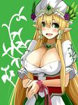  :d blonde_hair blush bow breasts cleavage collarbone dress food freyja_(p&amp;d) fruit grapes green_background green_eyes hands_together hat ky_kosuke large_breasts leaf long_hair mob_cap open_mouth pink_bow plant pointy_ears puffy_short_sleeves puffy_sleeves puzzle_&amp;_dragons short_sleeves smile solo very_long_hair wristband 