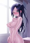  aqua_eyes black_hair blush breasts classroom collarbone embarrassed exhibitionism full-face_blush groin highres large_breasts long_hair looking_at_viewer navel nipples nude one_side_up original smile solo sweat wavy_mouth wox 