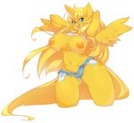  breasts clothed clothing equine female fur golden_ticket horn horse looking_at_viewer mammal my_little_pony nipples open_mouth original_character pony skimpy slugbox smile solo tongue wings yellow_fur 