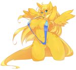  breasts equine female fur golden_ticket horn horse looking_at_viewer mammal my_little_pony nipples open_mouth original_character pony slugbox smile solo swimsuit tongue wings yellow_fur 