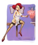  2014 apron blush brown_eyes cleavage clothed clothing ear_piercing female goof_troop hair high_heels lips milf mother naked_apron parent peg_pete piercing red_hair solo unknown_artist 