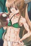  abs bra brown_hair flat_chest fundoshi gourd green_bra hand_on_hip horns ibuki_suika japanese_clothes long_hair muscle muscular_female navel open_mouth red_eyes ribs solo touhou underwear very_long_hair yohane 