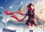  brown_eyes brown_hair cloud cowboy_shot fence kagerou_project oki_(koi0koi) origami paper_crane red_scarf scarf school_uniform serafuku solo tateyama_ayano wind 