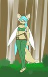  canine clothed clothing cyan_eyes female forest hair mammal open_mouth outside skimpy solo tattoo tree two_tone_hair wings 