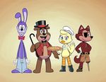  animatronic anthro avian bear bird black_nose blue_eyes bonnie_(fnaf) bow canine chica_(fnaf) chicken eye_patch eyewear female five_nights_at_freddy&#039;s food fox foxy_(fnaf) freddy_(fnaf) group hotdiggedydemon looking_at_viewer machine male mammal mechanical peg_leg pink_eyes pirate pizza robot smile 