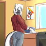  anthro anthrofied apple_bloom_(mlp) black_hair blue_eyes bowl clothing equine female friendship_is_magic hair jeans kitchen looking_at_viewer looking_back mammal marik_azemus34 my_little_pony oven photo portrait red_hair shirt snowboarding solo standing stripes two_tone_hair white_hair window zebra zecora_(mlp) 