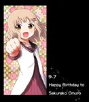  7001 :d birthday blonde_hair brown_eyes clenched_hand collarbone dated english fang floral_background hair_ornament hairclip happy_birthday looking_at_viewer nanamori_school_uniform oomuro_sakurako open_mouth school_uniform serafuku smile solo v-shaped_eyebrows yuru_yuri 