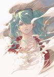  aqua_eyes aqua_hair barbara_(y01251214) commentary_request earrings eyewear_on_head graphite_(medium) hatsune_miku jacket jewelry long_hair looking_at_viewer necklace open_clothes open_jacket outstretched_hand red_jacket smoke solo suna_no_wakusei_(vocaloid) sunglasses traditional_media twintails vocaloid 