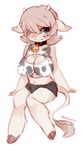  2014 anthro blue_eyes blush bovine breasts brown_hair cattle cleavage clothed clothing collar cowbell female freckles frown fur hair hiddenwhite hooves horn mammal navel original_character plain_background shirt shorts solo yellowfur 