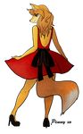  awesomenauts back bow butt canine dress female fox high_heels looking_down mammal orange_skin penny_fox ponytail skirt smile solo vixey_(artist) 