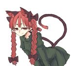  animal_ears bow braid cat_ears cat_tail extra_ears hair_bow kaenbyou_rin long_hair looking_at_viewer multiple_tails nekomata pointy_ears red_eyes red_hair simple_background smile solo tail touhou twin_braids white_background yunuki_uta 