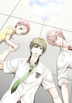  brothers brown_hair free! green_eyes holding_hands hood hoodie male_focus multiple_boys necktie open_mouth pink_hair purple_eyes school_uniform shigino_hayato shigino_kisumi siblings smile tachibana_makoto 