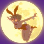  animal_ears backlighting bow bowtie breasts brown_hair bunny_ears bunny_tail bunnysuit cleavage detached_collar expressionless fake_animal_ears fukusuke_hachi-gou full_body full_moon glowing glowing_eyes high_heels highres large_breasts legs_folded legs_together moon original outstretched_arms short_hair solo spread_arms tail wrist_cuffs yellow_eyes 