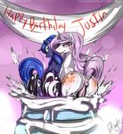  2014 anus blue_fur blue_hair blush butt cake cutie_mark dragk duo english_text equine female feral food friendship_is_magic fur hair horn lesbian long_hair looking_at_viewer mammal my_little_pony princess_celestia_(mlp) princess_luna_(mlp) princess_molestia_(mlp) pussy sibling sisters smile text tongue white_fur winged_unicorn wings 