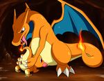  2014 blue_eyes blush cave charizard charmander claws dancingchar duo fellatio female feral feral_on_feral fire hi_res inside male nintendo oral oral_sex orange_body pok&eacute;mon pussy sex size_difference straight toe_claws tongue tongue_out video_games wings 