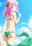  ass bad_id bad_pixiv_id bangs bare_arms bare_shoulders bikini cloud cowboy_shot day flower food green_bikini hair_flower hair_ornament hibiscus highres i-rabi long_hair looking_away original outdoors pink_eyes pink_hair popsicle sky solo swimsuit 