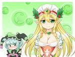  animal aqua_eyes aqua_hair astaroth_(p&amp;d) berries blonde_hair blush bow breast_envy breast_hold breasts cat cauchemar_(p&amp;d) cleavage demon_girl demon_horns freyja_(p&amp;d) frills green_bow green_eyes hairband hat highres holding holding_animal horns jester_cap jewelry large_breasts leaf long_hair looking_at_another multiple_girls necklace orb pointy_ears puffy_short_sleeves puffy_sleeves puzzle_&amp;_dragons short_hair short_sleeves smile striped sweatdrop wristband yasai_(so_zo23) 