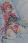  absurdres blush bow cape colored_pencil_(medium) hair_bow highres long_sleeves nichibotsu_(kitaziman) open_mouth pee peeing peeing_self red_eyes red_hair sekibanki short_hair skirt solo tears thighhighs touhou traditional_media white_legwear 