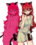  alternate_costume alternate_hairstyle animal_ears blush cat_ears cat_tail collar cowboy_shot extra_ears highres kaenbyou_rin long_hair looking_at_viewer nail_polish naughty_face pointy_ears red_eyes red_hair red_nails simple_background smile solo tail touhou very_long_hair white_background yunuki_uta 