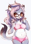  2014 belly bikini breasts brown_hair cat chubby cleavage clothed clothing eyewear feline female glasses hair hiddenwhite mammal navel open_mouth original_character plain_background smile solo swimsuit yellowfur 