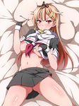  bangs bed_sheet black_skirt blonde_hair blush breasts fingerless_gloves gloves hair_flaps hair_ornament hair_ribbon hairclip highres kantai_collection large_breasts long_hair looking_at_viewer navel nipples red_eyes remodel_(kantai_collection) ribbon school_uniform serafuku shinsono_shiroko short_sleeves skirt solo yuudachi_(kantai_collection) 