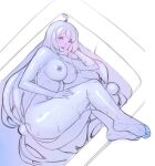  1girl arm_behind_head artist_name barefoot bathtub blue_eyes blue_hair blue_skin blue_slime blush breasts colored_skin feet feet_together hair_tie large_breasts legs_together legs_up long_hair looking_at_viewer monster_girl nipples nude open_mouth original shiny shiny_hair shiny_skin simple_background sketch slime_(substance) slime_girl soles solo tesomu toes very_long_hair white_background 