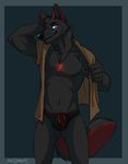  2014 alex_nighthound anthro black_fur blue_eyes briefs canine claws clothing flynx-flink fur looking_at_viewer male mammal muscles necklace pecs red_fur smile solo standing underwear wolf 