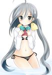  ahoge bikini black_bikini blush cowboy_shot frown grey_eyes grey_hair kantai_collection kiyoshimo_(kantai_collection) long_hair looking_at_viewer navel nikoo shirt_lift side-tie_bikini solo striped striped_bikini sweatdrop swimsuit twintails very_long_hair wading 