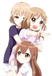  age_difference blonde_hair brown_eyes brown_hair casual girl_sandwich hair_ornament hairclip hand_on_another's_head highres hug hug_from_behind kamiki_uutarou long_hair md5_mismatch multiple_girls oomuro_hanako oomuro_nadeshiko oomuro_sakurako open_mouth outstretched_arm sandwiched shirt short_hair siblings simple_background sisters t-shirt white_background yuru_yuri 