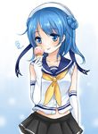  blue_eyes blue_hair blush double_bun elbow_gloves food gloves hat ice_cream ice_cream_cone kantai_collection nikoo school_uniform serafuku short_hair skirt sleeves_rolled_up solo tongue tongue_out urakaze_(kantai_collection) white_gloves white_hat yellow_neckwear 