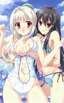  2girls ahoge bangs bikini black_hair blue_sky blush breast_grab breast_squeeze breasts clavicle cloud collarbone da_capo da_capo_iii duo female gojouin_tomoe grabbing grey_hair hand_on_chest highres in_water long_hair looking_at_viewer midriff multiple_girls navel ocean open_mouth pink_eyes ponytail purple_eyes sky surprised swimsuit tanihara_natsuki wading water yoshino_charles yuri 