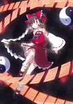  bad_id bad_pixiv_id blue_eyes brown_hair detached_sleeves hakurei_reimu ira96 ribbon short_hair skirt socks solo touhou 