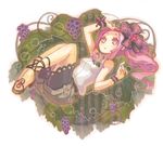  ankle_lace-up bad_id bad_pixiv_id copyright_request cross-laced_footwear food fruit grapes hair_ribbon inase long_hair lowres lying pink_eyes pink_hair ribbon sandals solo wristband 