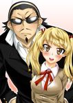  1girl beard blonde_hair blush breasts brown_eyes facial_hair harima_kenji large_breasts nikyu open_mouth sawachika_eri school_rumble school_uniform sunglasses 