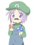  bad_id bad_pixiv_id blue_eyes blue_overalls blush chewing closed_mouth cosplay crossdressing eating facial_hair fake_facial_hair fake_mustache green_hat green_shirt hat hiiragi_tsukasa holding_mushroom long_sleeves lucky_star luigi luigi_(cosplay) mario_(series) maruki_(punchiki) mushroom mustache overalls pale_color purple_hair shirt short_hair simple_background single_letter sketch_eyebrows smile solo sound_effects standing super_mario_bros. super_mushroom tareme turtleneck upper_body v-shaped_eyebrows white_background 