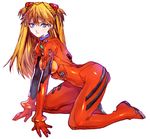  all_fours bangs blue_eyes bodysuit bracer breasts closed_mouth expressionless from_side full_body gloves hair_between_eyes headgear legs_apart long_hair looking_at_viewer looking_back lowres neon_genesis_evangelion orange_hair parted_bangs pilot_suit plugsuit red_bodysuit shiny shiny_clothes simple_background small_breasts solo souryuu_asuka_langley turtleneck two_side_up white_background yurizuka_(sergeant_heart) 