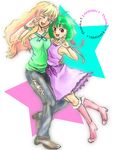  ahoge arm_around_waist bare_shoulders blonde_hair blue_eyes boots denim green_hair hits hug jeans macross macross_frontier multiple_girls one_eye_closed pants ranka_lee red_eyes ribbon ririclub seikan_hikou sheryl_nome star 