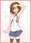  armpits between_breasts breasts brown_eyes brown_hair casual face hirasawa_yui ikari_manatsu k-on! one_eye_closed short_hair solo strap_cleavage thighhighs 