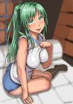  breasts buruma green_eyes green_hair higurashi_no_naku_koro_ni impossible_clothes impossible_shirt large_breasts ponytail shirt solo sonozaki_mion zenkou 