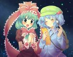  backpack bad_id bad_pixiv_id bag blue_hair calligraphy_brush closed_eyes front_ponytail green_eyes green_hair hair_bobbles hair_ornament hair_ribbon hands_clasped happy hat kagiyama_hina kawashiro_nitori multiple_girls oimo own_hands_together paintbrush ribbon short_hair smile star touhou twintails two_side_up 