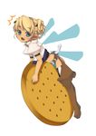  azuki_akizuki blonde_hair blue_eyes blush chaps cookie copyright_request food minigirl pointy_ears solo thighhighs wings 