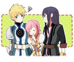  2boys armor bad_id bad_pixiv_id black_hair blonde_hair blue_eyes estellise_sidos_heurassein flynn_scifo gloves long_hair lowres multiple_boys pink_hair shinonome smile tales_of_(series) tales_of_vesperia yuri_lowell 