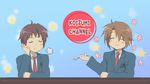  animated animated_gif kita_high_school_uniform koizumi_itsuki kyon lowres lucky_channel lucky_star multiple_boys parody school_uniform spoon suzumiya_haruhi_no_yuuutsu 