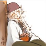  androgynous bandana blonde_hair byakuroku closed_eyes facepaint facial_tattoo japanese_clothes kimono kusuriuri_(mononoke) long_hair lowres makeup male_focus medicine_box mononoke obi pointy_ears sash sleeping solo tattoo 