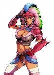  armband armor belt braid breasts cleavage conga_(armor) feathers fingerless_gloves gloves hair_tubes hand_on_hip headdress large_breasts midriff monster_hunter panties solo tan thighhighs torn_clothes twin_braids underwear yamada_3 
