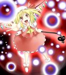  ascot blonde_hair danmaku flandre_scarlet full_body hat laevatein miki_purasu open_mouth outstretched_hand red_eyes short_hair skirt skirt_set solo touhou weapon wings 