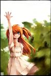  armpits blue_eyes buttons dress hair_over_one_eye hair_ribbon highres long_hair messiah_cage orange_hair original outstretched_arm ribbon sky solo tree two_side_up waving 