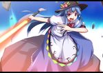  akiyasu blue_hair food fruit hat hinanawi_tenshi leaf letterboxed long_hair peach red_eyes solo sword sword_of_hisou touhou weapon 