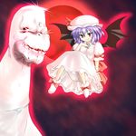  bat_wings blood bonnet dress flying miki_purasu mokele-mbembe monster moon pink_eyes purple_hair red_moon remilia_scarlet short_hair smile solo touhou wings 